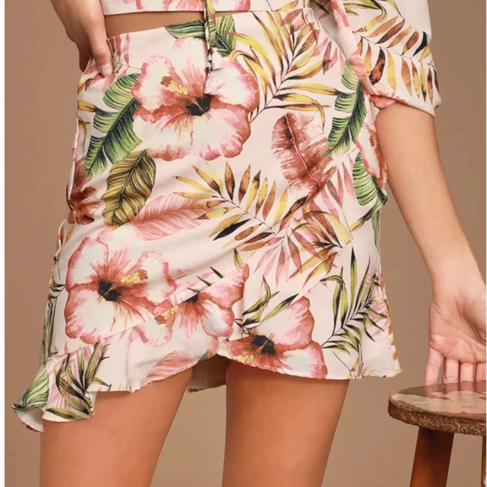 Lulus Mancini Blush Pink Tropical Print Ruffled Mini Skirt Medium